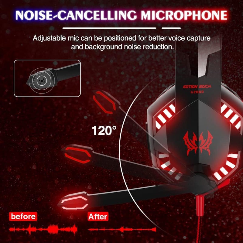 VersionTECH . G2000 Gaming Headset, Bass Surround Gaming Headphones with Noise Cancelling Mic, LED Lights, Soft Memory Earmuffs for PS5/ PS4/ Xbox One Controller/Laptop/PC/Mac/Nintendo NES Games-Red - Image 3